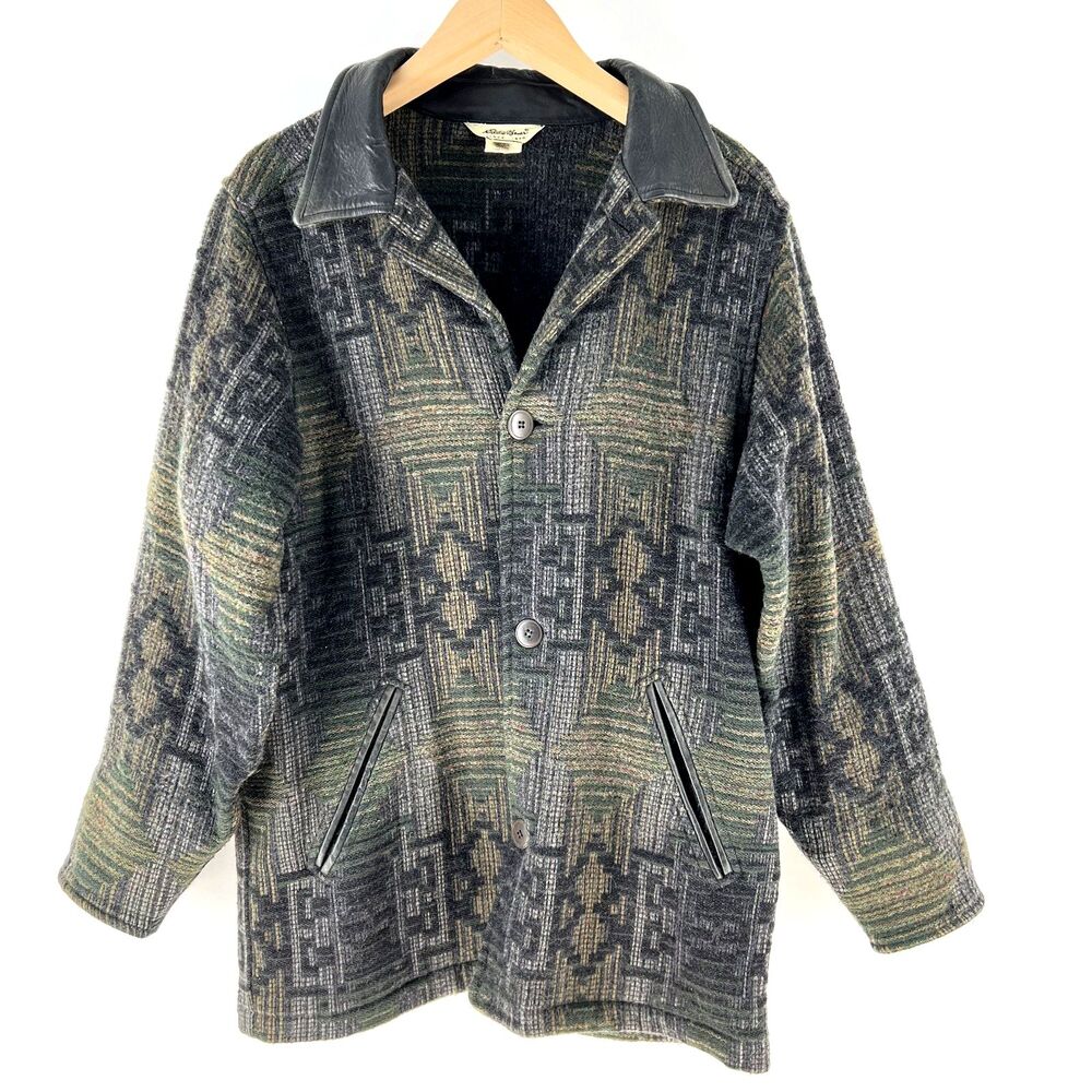 Vintage 80s 90s Eddie Bauer Mens S Wool Blend Geometric Leather Trim Jacket USA